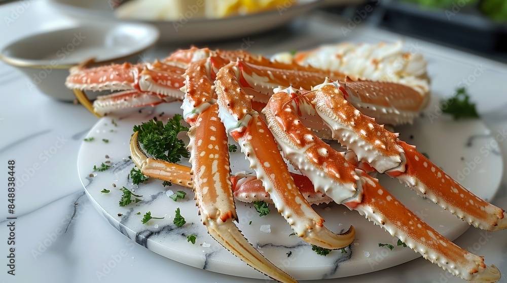 Crab legs served on a marble plate. Generative AI. Crab legs served on a marble plate. Generative AI.