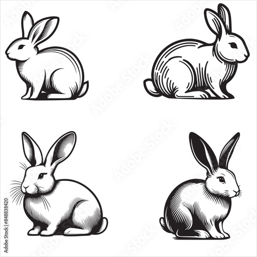 set of rabbit silhouettes on white background

