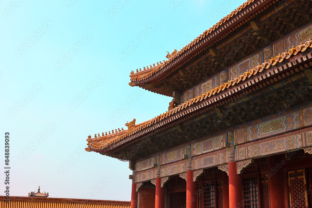 Ornate Roof Eaves of a Historic Pavilion in the Forbidden City