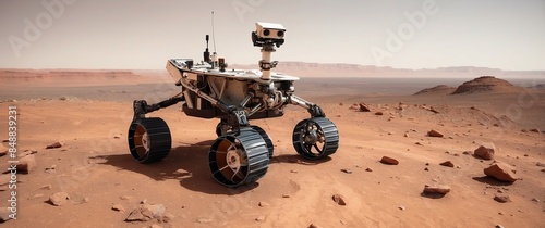 A high tech rover traverses the Martian landscape, embodying the spirit of space exploration, technological innovation, and interplanetary discovery