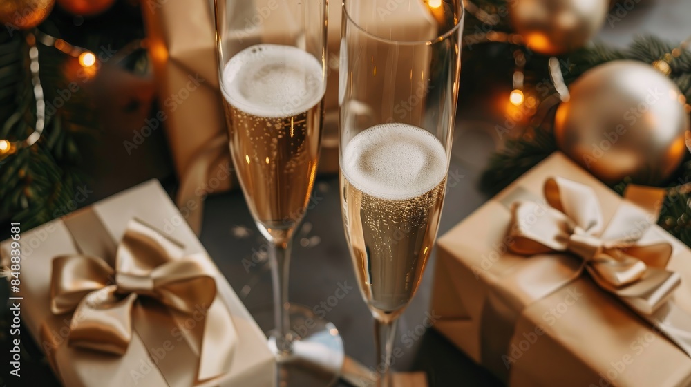 Flutes of champagne alongside gifts Flutes of champagne alongside gifts