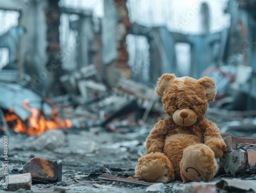 Kids teddy bear toy over city burned destruction of an aftermath, earthquake - ai