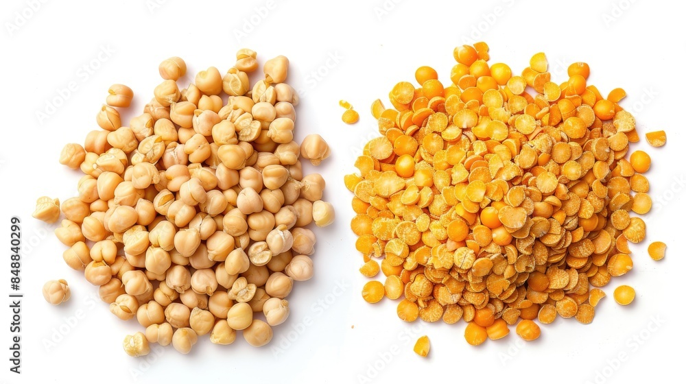 Toor dal and split chickpea displayed separately on white background Toor dal and split chickpea displayed separately on white background