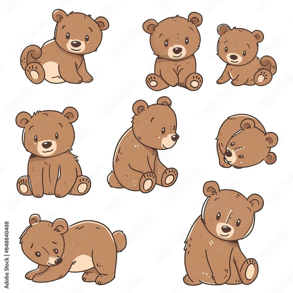 Obraz premium Cute cartoon brown bear cubs drawing set. Simple clip art illustration. Bear drawing