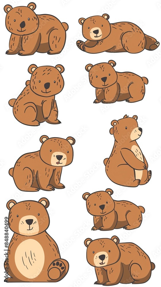 Fototapeta premium Cute cartoon brown bear cubs drawing set. Simple clip art illustration. Bear drawing