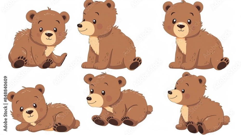 Obraz premium Cute cartoon brown bear cubs drawing set. Simple clip art illustration. Bear drawing