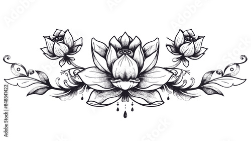 beautiful lotus flower on a white background black and white vector illustration in tattoo style