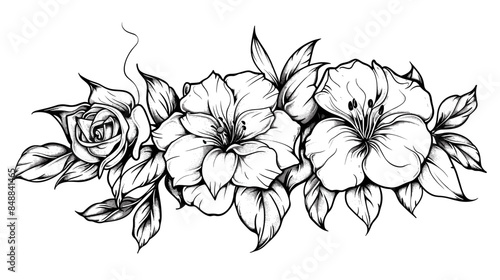 black and white vector illustration in tattoo style - a beautiful exotic flower on a white background