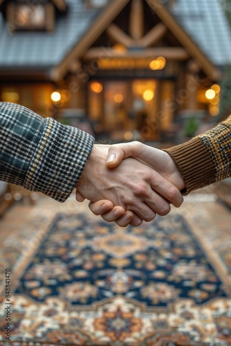 Close-up of two people shaking hands in front of a rustic, warmly-lit wooden cabin entrance surrounded by detailed patterned rugs