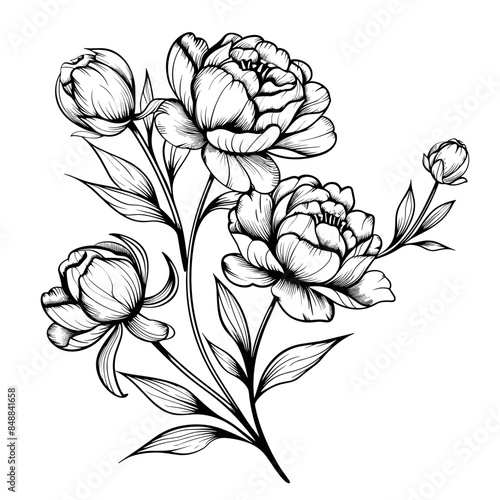 black and white vector illustration in tattoo style - beautiful peony flower on a white background