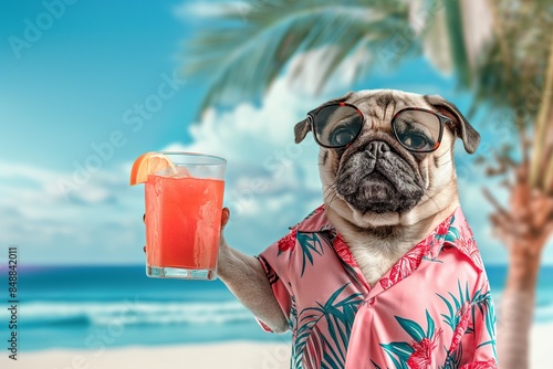 A close-up portrait photo of a cute fashionable pug dog wearing sunglasses and a Hawaiian shirt, with a beach in the background and a cocktail drink in its hand. Vacation concept.