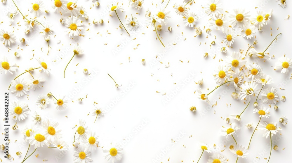 Chamomile Blossom Petals in Flight on White Background in High Definition Chamomile Blossom Petals in Flight on White Background in High Definition