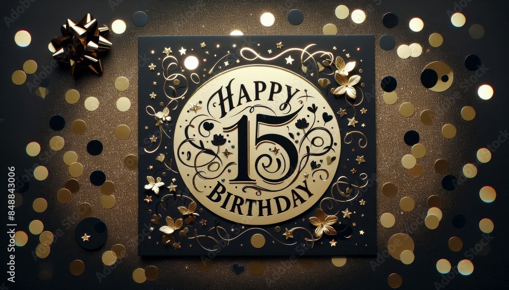 Elegant 15th birthday card with gold accents and decorative elements on a dark background. Elegant 15th birthday card with gold accents and decorative elements on a dark background.