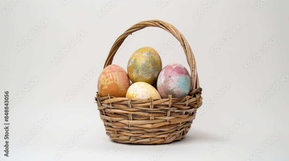 Eggs arranged in a basket against a white backdrop Eggs arranged in a basket against a white backdrop