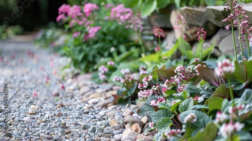 Growing Bergenia and Davallia fern on gravel Creating a flower border with perennial species photo