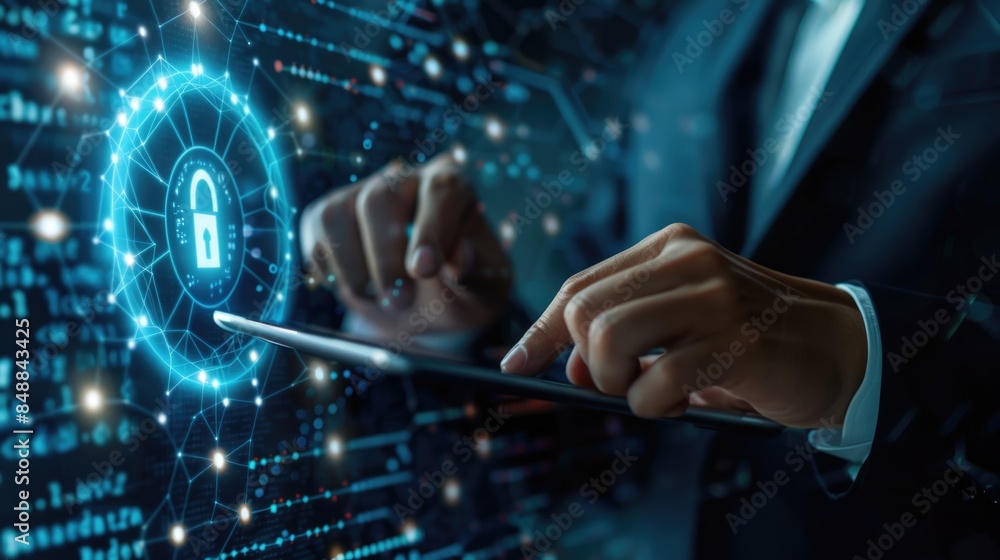 Businessman using tablet and lock icon with customer network connection and exchange data on virtual screen, business security and cyber attack concept Businessman using tablet and lock icon with customer network connection and exchange data on virtual screen, business security and cyber attack concept