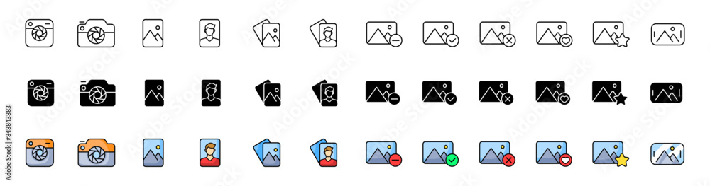 Photo set icons. Camera Icons. Linear, silhouette and flat styles. Vector icons. Photo set icons. Camera Icons. Linear, silhouette and flat styles. Vector icons.