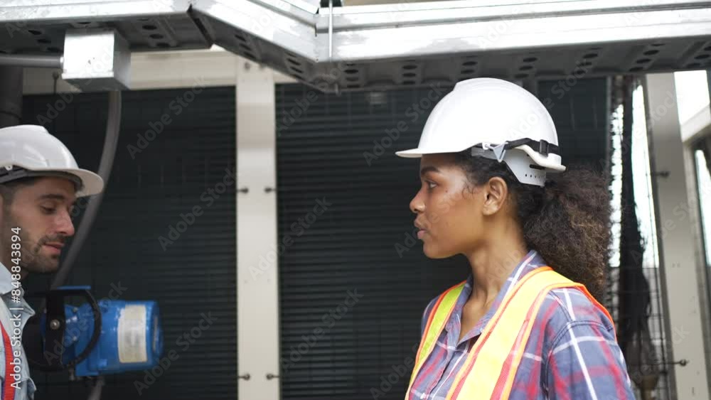 Maintenance engineer are checking cooling system at rooftop building.