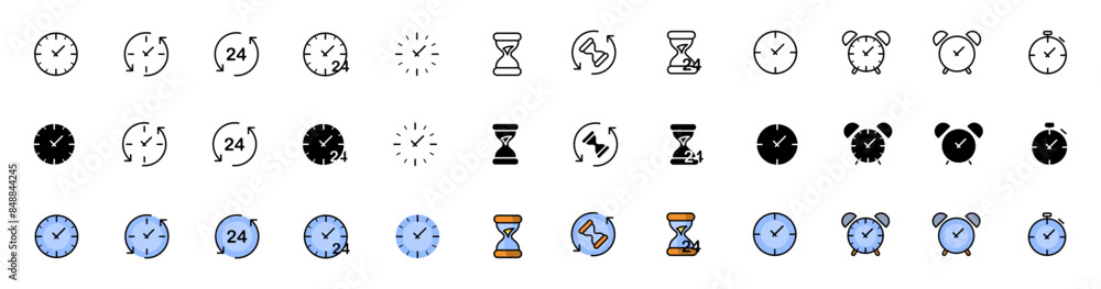 Clock set icons. Time icons. Linear, silhouette and flat styles. Vector icons. Clock set icons. Time icons. Linear, silhouette and flat styles. Vector icons.