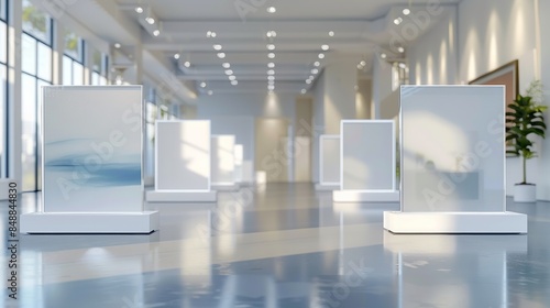 Close up, five glass photo frames of the same size are placed on the display stand, with a minimalist modern style exhibition hall as the background. Generative AI.