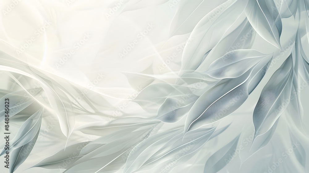 Obraz premium Light background with drapery made of airy fabric and graphic silhouettes of leaves. Copy space. For cards, congratulations, background.