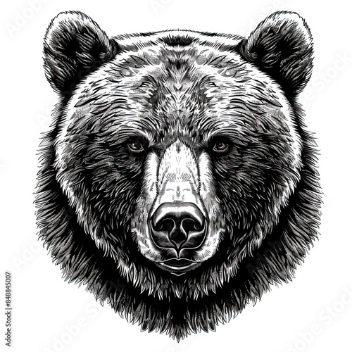 Vector pen and ink hand drawn illustration of a bear head portrait facing forward, Bear Drawing