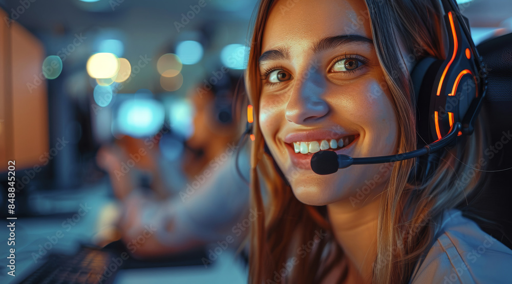 Attractive female employees in a call center are smiling, wearing over-ear headphones with microphones, talking in front of a compute. Generative AI. Attractive female employees in a call center are smiling, wearing over-ear headphones with microphones, talking in front of a compute. Generative AI.