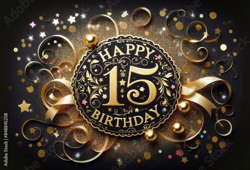 15th birthday celebration with golden confetti, ribbons, and decorative sign on dark background photo