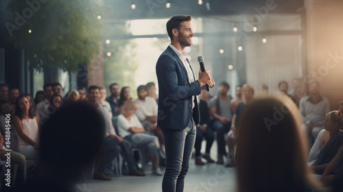 Wallpaper Mural A man stand on stage and presentation group of people in hall, back of man, blur background. Torontodigital.ca