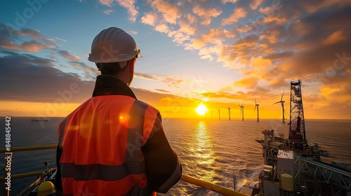  Engineer Supervising Offshore Wind Turbines at Sunset