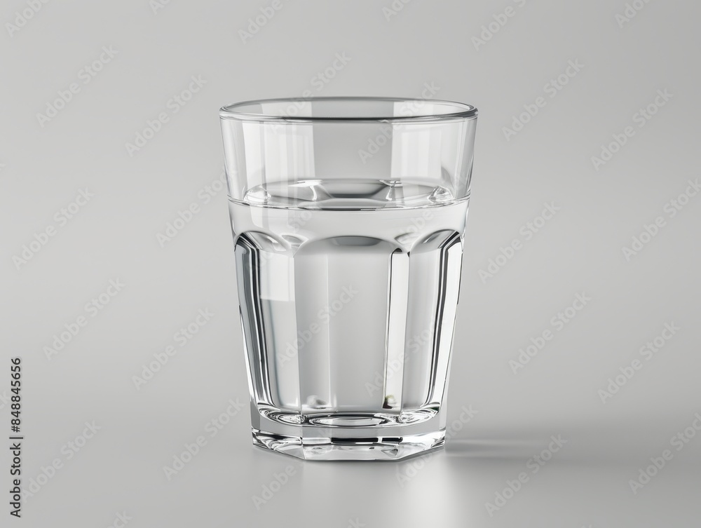 A clear glass of water placed on a plain, light gray background. Simple and clean composition conveying purity and freshness. A clear glass of water placed on a plain, light gray background. Simple and clean composition conveying purity and freshness.