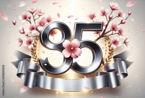 Elegant 95th anniversary celebration with cherry blossoms and ribbon, symbolizing longevity and joy. photo