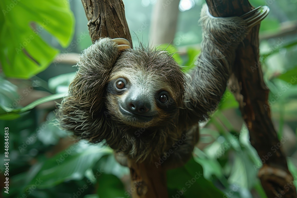A baby sloth hanging upside down from a tree branch, with a slow and content expression. The background shows a tropical rainforest A baby sloth hanging upside down from a tree branch, with a slow and content expression. The background shows a tropical rainforest