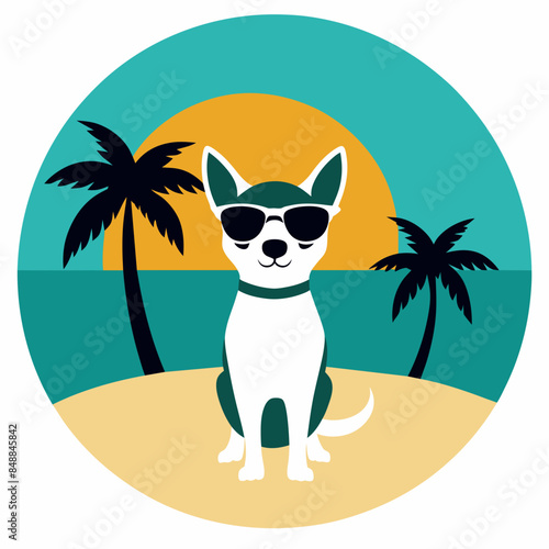 Fox Terrier Dog sunglasses on the beach with palm trees isolated on white background © bizboxdesigner