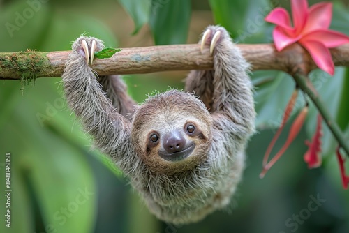 A baby sloth hanging upside down from a tree branch, with a slow and content expression. The background shows a tropical rainforest