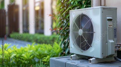 Air heat pump near pool house outdoors.