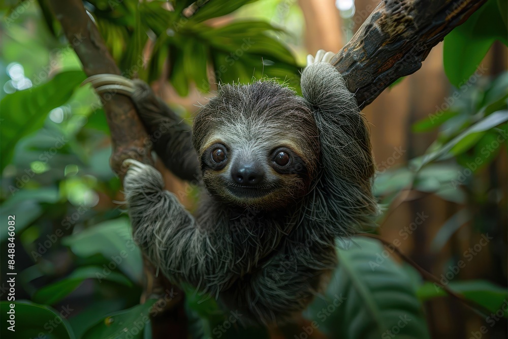 A baby sloth hanging upside down from a tree branch, with a slow and content expression. The background shows a tropical rainforest A baby sloth hanging upside down from a tree branch, with a slow and content expression. The background shows a tropical rainforest