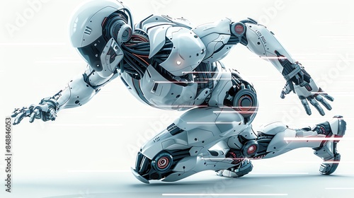 Obraz na płótnie fullbody android running, dynamic motion, scifi elements, isolated on white background