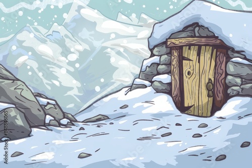 Cartoon cute doodles of a secret door in the side of a snowy mountain, Generative AI