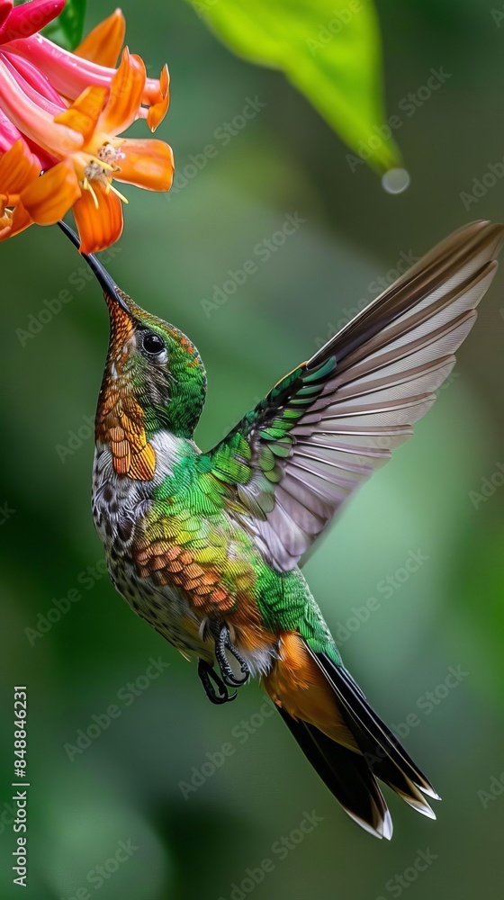 Fototapeta premium A vibrant and colorful hummingbird feeding on nectar, captured in a close-up shot. The bird's iridescent feathers shimmer in the sunlight as it hovers near a flower. This high-quality image showcases