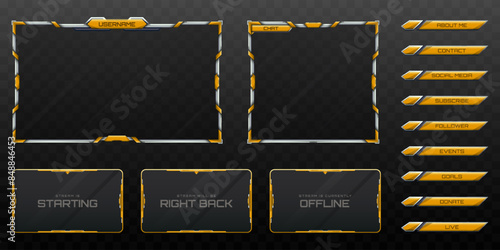 Live Stream Overlay Webcam Screen Frame and Stream Alert GUI Panels with Yellow and Silver Colored for Gaming and Video Streaming Platforms