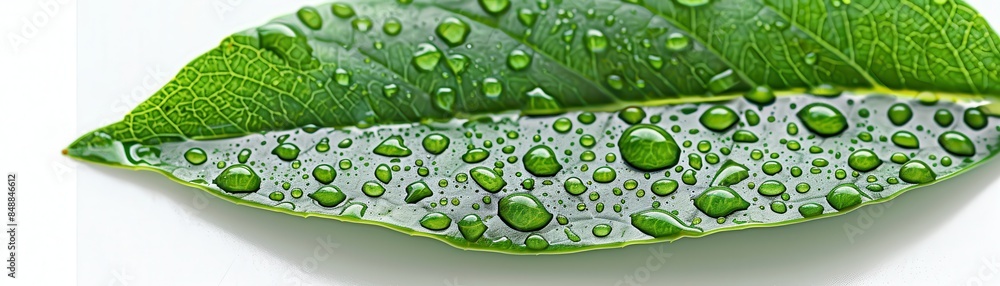 Close-up shot of a green leaf with fresh water droplets, showcasing the details and texture of nature after a rainfall. Close-up shot of a green leaf with fresh water droplets, showcasing the details and texture of nature after a rainfall.