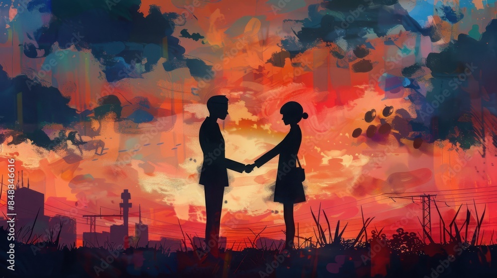 Romantic silhouette of a couple holding hands with a vibrant sunset sky background in an abstract art style. Romantic silhouette of a couple holding hands with a vibrant sunset sky background in an abstract art style.