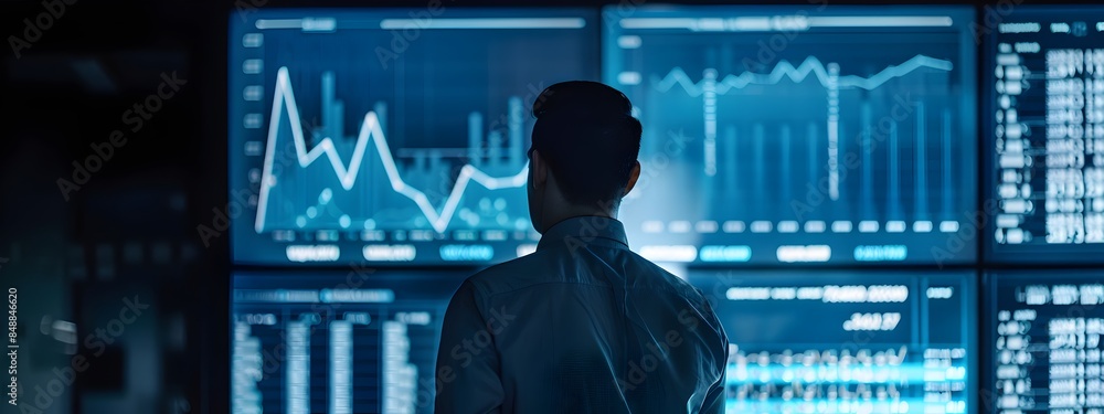 Businessman Analyzing Financial Data on Large Screen in Dark Room Businessman Analyzing Financial Data on Large Screen in Dark Room