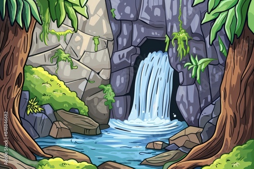 Cartoon cute doodles of a secret passageway behind a waterfall, Generative AI photo