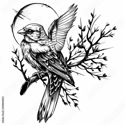 A bird is perched on a branch with a moon in the background. The bird is black and white and has a sharp beak. The image has a serene and peaceful mood, with the bird