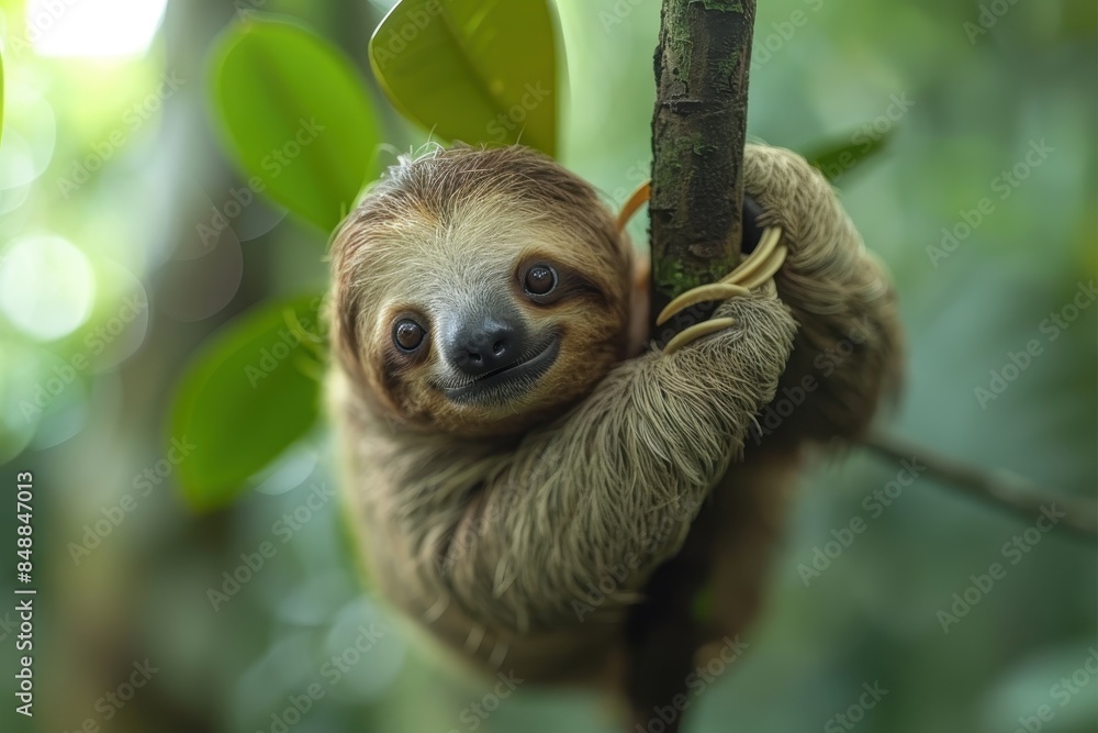 Naklejka premium A baby sloth hanging upside down from a tree branch, with a slow and content expression. The background shows a tropical rainforest