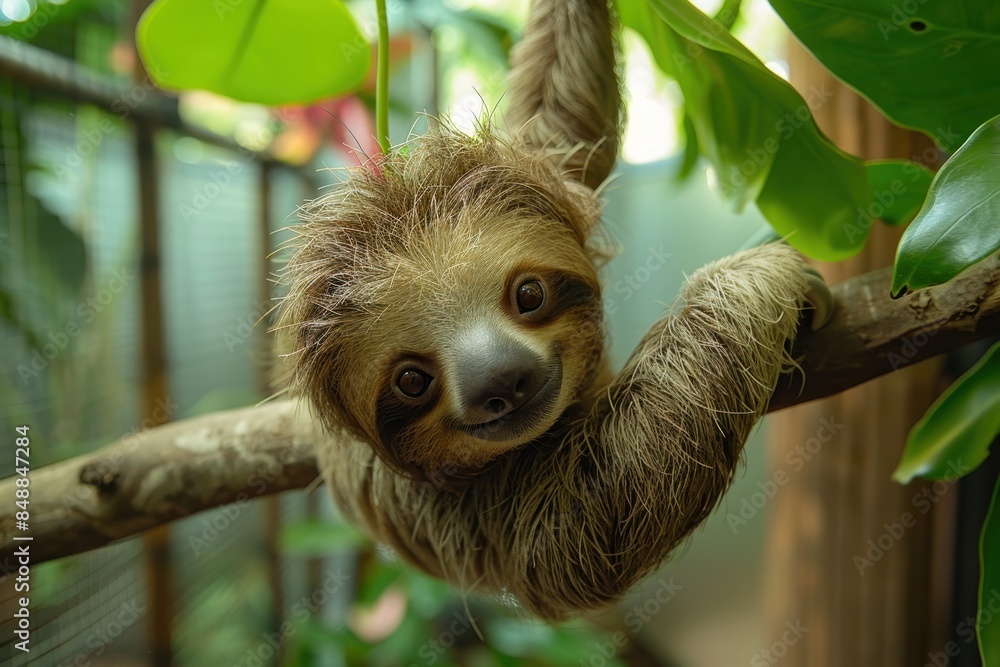 Naklejka premium A baby sloth hanging upside down from a tree branch, with a slow and content expression. The background shows a tropical rainforest