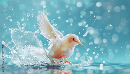 White bird gracefully flying over water with splashes, against a blue bokeh background, capturing the essence of freedom and elegance. photo