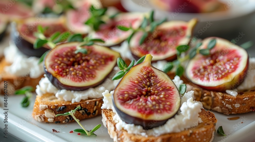 The toast is topped with goat cheese foam and pink green peel figs inside. Generative AI. The toast is topped with goat cheese foam and pink green peel figs inside. Generative AI.